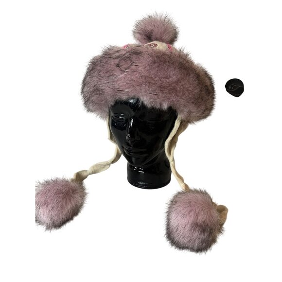 Vintage Pink Embroidered Wool Hat With Faux Fur Pom Poms - Picture 3 of 6